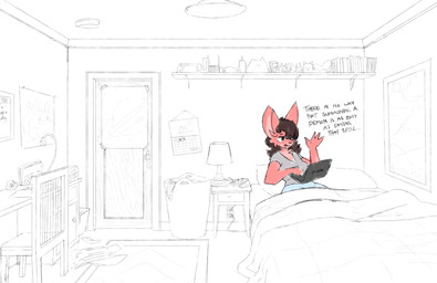 anthro bedroom bottomwear brown_hair clothing computer dialogue electronics female fur green_eyes hair laptop pants pink_body pink_fur shirt solo text topwear uncolored_background zandyzolo canid canine fox mammal english_text hi_res
