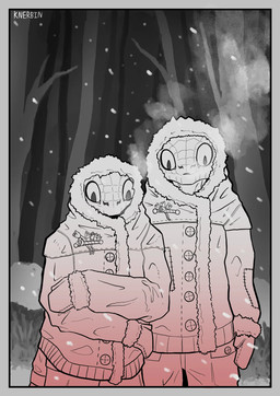 ambiguous_gender anthro bottomwear button_(fastener) clothing coat duo forest_background front_view gradient grey_background handwear hood looking_down mittens mouth_fog outside pants plant scales simple_background snow snowing snowing_outside standing steamy_breath text topwear tree winter knerbin lizard reptile scalie 2025 artist_name digital_drawing_(artwork) digital_media_(artwork) hi_res