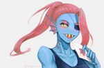 5_fingers blue_body blue_skin clothing ear_fins eye_patch eyewear female fin fingers gills hair hair_over_eye heart_symbol mail one_eye_obstructed ponytail pupils red_hair shirt simple_background slit_pupils solo tank_top teeth topwear yellow_sclera monyorunrun undertale_(series) undyne animal_humanoid fish fish_humanoid humanoid marine marine_humanoid hi_res