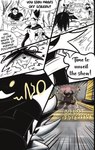 6_panel_comic ambiguous_gender anthro black_cape black_clothing black_eyes black_hair black_nose black_shirt black_text black_topwear breasts cape chest_tuft clothing desk dialogue exclamation_point eyebrows fingers floor furniture group hair looking_at_another open_mouth open_smile paper paws question_mark sharp_teeth shirt sitting smile speech_bubble table talking_to_another teeth text tongue topwear tuft wall_(structure) zincxiron virmir_(character) canid canine fox mammal 2025 absurd_res comic english_text hi_res monochrome