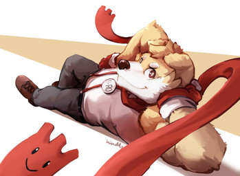 anthro biped bottomwear clothed clothing footwear fully_clothed lying male pants shoes solo waddledox canid canine canis domestic_dog mammal 2016 digital_media_(artwork)