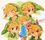 blonde_hair blush clothing hair hat headgear headwear humanoid_pointy_ears light_body light_skin male melee_weapon multiple_poses not_furry pointy_ears pose shield shirt simple_background smile sword topwear tunic weapon tokuura nintendo the_legend_of_zelda wind_waker toon_link humanoid hylian hi_res signature