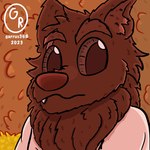 anthro brown_body brown_eyes brown_fur clothing cute_fangs fangs fur grass male nature plant shirt teeth topwear white_clothing white_shirt white_topwear garrus368 lyre_(visual_novel) lyall_(lyre) canid canine canis mammal wolf 1:1 hi_res