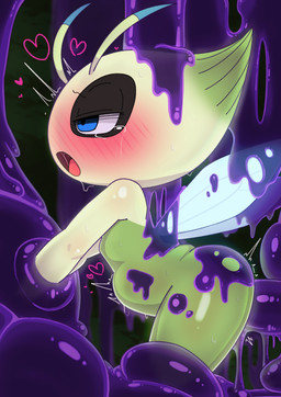 abdominal_bulge ambiguous_gender ambiguous_penetrated ambiguous_penetration anthro blue_eyes blush bodily_fluids emanata female flash_emanata glistening goopy green_body heart_reaction heart_symbol insect_wings multi_heart_reaction narrowed_eyes open_mouth penetration purple_body questionable_consent restrained restrained_arms restrained_by_tentacles restrained_legs side_view slime slime_on_body slime_penetration slime_sex solo tears tentacles tongue wings kalanchoe nintendo pokemon celebi generation_2_pokemon legendary_pokemon pokemon_(species) hi_res