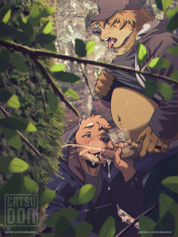anthro anthro_on_anthro baseball_cap belly biped black_clothing black_shirt black_topwear blush blush_lines bodily_fluids bottomwear breath brown_body brown_eyes brown_fur claws clothed clothing clothing_lift crouching cum cum_drip cumshot detailed_background dripping duo ejaculation finger_claws foreskin fur genital_fluids genitals hair hair_over_eye hat headgear headwear hoodie humanoid_genitalia humanoid_penis jacket licking male male/male navel one_eye_obstructed open_bottomwear open_clothing open_mouth open_pants oral pants partially_clothed partially_retracted_foreskin penile penis penis_grab penis_lick photo_background pink_tongue plant pubes ring saliva saliva_on_tongue sex shirt shirt_lift slightly_chubby standing sweat text tongue tongue_out topwear underwear catsudon canid canine canis domestic_dog mammal photography_(artwork) url