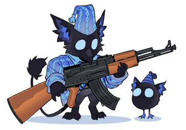 3_toes 4_fingers ak-47 ak_platform ambiguous_anthro ambiguous_gender anthro assault_rifle barefoot beak beak_closed big_ears biped black_beak black_body black_fur black_tail black_tail_tuft blue_clothing blue_eyes blue_hat blue_headgear blue_headwear blue_inner_ear blue_pajamas blue_topwear bottomless bottomless_ambiguous bottomless_anthro claws clothed clothed_ambiguous clothed_anthro clothing duo empty_eyes featureless_crotch feet finger_claws fingers fur gun hat headgear headwear hindpaw holding_assault_rifle holding_gun holding_object holding_ranged_weapon holding_rifle holding_weapon humor mouth_closed nightcap pajamas pattern_clothing pattern_hat pattern_headgear pattern_headwear pattern_topwear paws ranged_weapon rifle semi-anthro simple_background sleepwear standing striped_clothing striped_hat striped_headgear striped_headwear stripes tail tail_tuft toe_claws toes topwear tuft weapon white_background young young_ambiguous young_anthro discofish deadlock_(game) mythology valve lil_helper_(deadlock) rem_(deadlock) avian chimera dream_creature gryphon mythological_avian mythological_creature 2026 digital_media_(artwork)