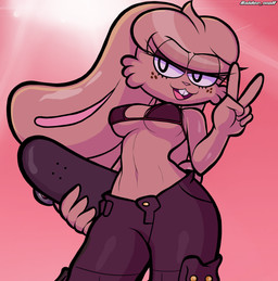 5_fingers anthro bottomwear bra breasts brown_body clothing denim denim_bottomwear denim_clothing female fingers floppy_ears freckled_face freckles gesture hair hand_gesture jeans low-angle_view medium_breasts navel night pants skateboard tail under_boob underwear v_sign vehicle y2k_(fashion) blackmore blair_(blackmore) domestic_rabbit lagomorph leporid mammal oryctolagus rabbit absurd_res hi_res signature