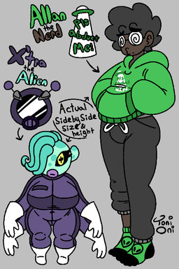 3_fingers 4_arms armor big_breasts black_hair black_sclera bottomwear breasts brown_body brown_skin clothed clothed_female clothed_humanoid clothed_male clothing dark_body dark_skin duo eyelashes eyewear female fingers footwear glasses gloves green_body grey_background hair handwear headgear helmet hoodie lips male markings mole_(marking) multi_arm multi_limb one_eye_obstructed pants pseudo_hair purple_lips shortstack shortstack_female simple_background size_difference skinsuit socks spiral_glasses sweatpants tentacle_hair tentacles text thick_thighs tight_clothing topwear wearing_glasses yellow_eyes toni_oni allan_(toni_oni) x'tra_(toni_oni) alien alien_humanoid human humanoid mammal 2:3 signature