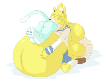 anthro clothed clothing duo obese oral_vore overweight simple_background vore white_background dlrowdog canid canine felid mammal 2015 4:3 absurd_res hi_res