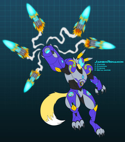 anthro arm_cannon armor cybernetics female machine missiles muscular muscular_anthro muscular_female solo flameyverdantfire bandai_namco digimon metroid nintendo fan_character canid canine cyborg digimon_(species) fox mammal renamon crossover hi_res