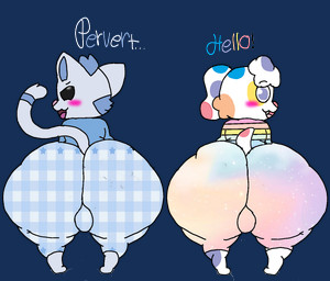 anthro big_butt blush bottom_heavy butt clothing duo greeting huge_butt insult insulting_viewer male male/male male_anthro pajama_shirt pajamas perspective shota simple_background text transparent_background young young_anthro young_male chesterelementmaster blue's_clues nickelodeon periwinkle_(blue's_clues) sprinkles_(blue's_clues) canid canine canis domestic_cat domestic_dog felid feline felis mammal 2025 alpha_channel digital_media_(artwork) english_text