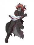 5_fingers anthro armor blue_eyes clothed clothing fingers hair holding_object holding_weapon male pink_nose red_hair simple_background smile solo teeth weapon white_background rikitoka canid canine canis domestic_dog mammal 3:4 hi_res