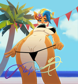 4_fingers accessory anthro beach big_breasts bikini bikini_pull black_bikini black_clothing black_swimwear blue_sky blush bouncing_breasts breasts bunting_(banner) clothing clothing_pull ear_piercing ear_ring female fingers flower flower_in_hair fur genitals hair hair_accessory hip_sway kerchief lipstick looking_at_viewer looking_down looking_down_at_viewer low-angle_view makeup markings mole_(marking) multicolored_body multicolored_fur multicolored_hair neckerchief neckwear nipple_outline palm_tree piercing plant presenting ring_piercing sand sea sky smile smiling_at_viewer solo swimwear swimwear_pull thick_thighs tree two-piece_swimsuit two_tone_body two_tone_fur under_boob underwear underwear_pull vulva water wide_hips xrishx activision crash_bandicoot_(series) crash_bandicoot_4:_it's_about_time pirate_tawna bandicoot mammal marsupial animated loop signature
