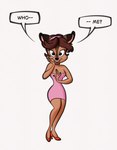 anthro breasts clothing dialogue dress female footwear hand_on_cheek high_heels lips lipstick looking_at_viewer lower_lip makeup open_mouth open_smile pink_clothing pink_dress red_lips red_lipstick shoes smile smiling_at_viewer solo text thick_thighs wide_hips stanmort bonkers_(series) fawn_deer deer mammal hi_res