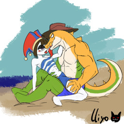 5_fingers anthro back_spikes beach biceps bikini black_eyeshadow blue_clothing blue_eyes blue_sky blue_swimming_trunks blue_swimwear bob_cut brown_hair candy clothing cowboy_hat day dessert duo eyeshadow female female_on_anthro fingers food fool's_hat green_body green_scales gummy_(food) hair hat headgear headwear human_on_anthro imminent_kiss interspecies long_tail makeup male male/female male_on_human multicolored_body multicolored_eyes multicolored_scales muscular muscular_anthro muscular_male open_mouth outside pecs red_eyes rosy_cheeks scales sea seaside short_hair sky spiked_tail spikes spikes_(anatomy) strapless_bikini strapless_clothing strapless_swimwear swimming_trunks swimwear tail text tongue tongue_out topwear tube_top two-piece_swimsuit two_tone_eyes water white_body white_eyes white_scales white_skin yellow_body yellow_scales lliyo_(artist) glitch_productions the_amazing_digital_circus gummigoo_(tadc) pomni_(tadc) alligator alligatorid crocodilian food_creature gummy_creature human living_candy mammal reptile scalie 1:1 2025 artist_name digital_drawing_(artwork) digital_media_(artwork) hi_res signature