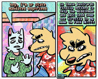 2_panel_comic aloha_shirt annoyed anthro clothing dialogue duo floppy_ears fur grey_body grey_fur half-closed_eyes humor male narrowed_eyes open_mouth pattern_clothing pattern_shirt pattern_topwear profanity shirt sweater text topwear yellow_body yellow_fur rawdawgcomics desmond_(rawdawgcomics) stahli_(rawdawgcomics) bird_dog canid canine canis domestic_cat domestic_dog felid feline felis golden_retriever hunting_dog mammal retriever 5:4 comic english_text