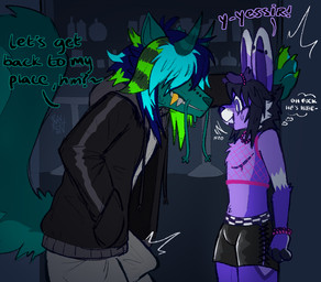 against_surface against_wall anthro antlers bulge clothed clothing dialogue dirty_talk duo erection erection_under_clothing hand_in_pocket horn inviting inviting_to_sex kabedon leaning male male/male mastectomy_scar pinned pinned_to_wall pockets requesting scar sex_request size_difference tenting text visibly_trans funeralfugitive chug_(character) knite demon jackalope lagomorph leporid mammal mephitid rabbit skunk hi_res trans_(lore) trans_man_(lore)