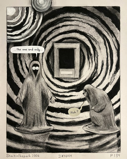 ambiguous_gender anthro border crouching dialogue duo hooded_cloak mysterious_figure pillar speech_bubble spiral text sharkinthepark humanoid 2026 4:5 absurd_res comic english_text greyscale hi_res monochrome