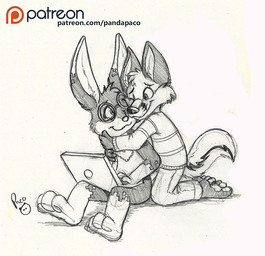 anthro barefoot cheek_tuft closed_smile clothed clothing computer duo electronics eyewear facial_tuft feet glasses gloves_(marking) hug hugging_another hugging_from_behind kneeling laptop leg_markings logo long_ears male male_anthro markings mouth_closed nude one_eye_closed patreon_logo round_glasses simple_background sitting smile socks_(marking) text tuft young young_anthro young_male pandapaco patreon canid canine fox lagomorph leporid mammal rabbit artist_logo signature spot_color url