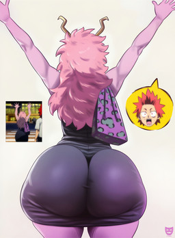 2_horns big_butt black_clothing black_dress butt clothed clothed_female clothing curvy_figure dress female hair horn huge_butt not_furry pink_body pink_hair pink_skin purse rear_view solo standing thick_thighs wide_hips z-art my_hero_academia ashido_mina horned_humanoid humanoid quirked_human_(my_hero_academia) absurd_res hi_res