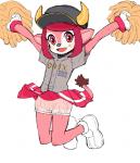 anthro baseball_uniform biped bloomers blush bodily_fluids bottomwear cheerleader clothed clothing female footwear fur gloves hair handwear hat headgear headwear horn jumping kemono mascot open_mouth pink_eyes pink_hair pom_poms shirt shoes simple_background skirt solo sportswear sweat tail tail_tuft text text_on_clothing text_on_shirt text_on_topwear topwear tuft underwear uniform upskirt white_background white_body white_fur young young_anthro kemonon nippon_professional_baseball orix_buffaloes buffalo_bell bovid bovine mammal