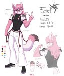 5_fingers anthro biped bottomwear braided_hair clothed clothing color_swatch dipstick_tail fingers footwear hair male markings pants pink_hair shoes solo tail tail_markings text seadewgin eziel_(seadewgin) domestic_cat felid feline felis mammal absurd_res english_text hi_res model_sheet