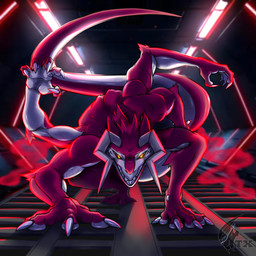 4_arms anthro claws fur horn male multi_arm multi_limb muscular red_body red_fur solo teeth neonyx hybrid lizard reptile scalie sergal 1:1 absurd_res hi_res