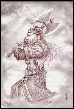 abstract_background arm_markings armor axe beard black_border border braided_beard facial_hair hair headgear helmet long_beard long_hair male markings mature_male mustache not_furry shoulder_markings solo work_gloves sabrina_pohle sacred_(video_game) sacred_(video_game_series) thq_nordic dwarf_(sacred) dwarf humanoid 2005 adobe_photoshop_(artwork) brown_and_white digital_media_(artwork) graphite_(artwork) hi_res monochrome signature traditional_media_(artwork)