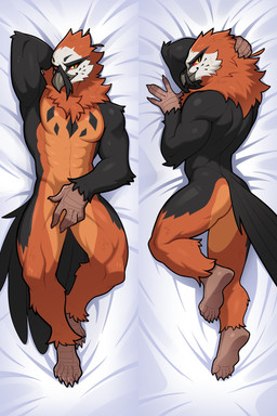 anthro beak black_body black_feathers dakimakura feathers feet lying male muscular muscular_anthro muscular_male nude_anthro nude_male on_back on_side orange_body orange_feathers plantigrade pose red_sclera scuted_hands scutes seductive solo tail tail_feathers budoti levante_(enlas) accipitrid accipitriform avian bearded_vulture bird old_world_vulture vulture absurd_res dakimakura_design hi_res pinup