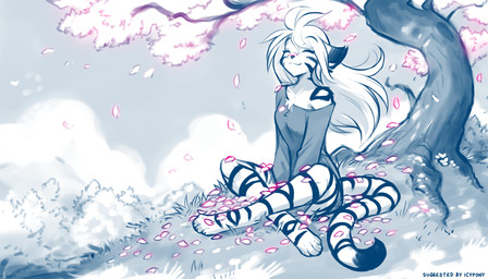 4_toes anthro biped bottomless bottomless_anthro bottomless_female breasts cherry_blossom chest_tuft claws clothed clothed_anthro clothed_female clothing cloud crossed_legs crosslegged_pose digitigrade eyes_closed feet female flower front_view fur hair markings off_shoulder on_ground outside partially_clothed partially_clothed_anthro partially_clothed_female plant prunus_(flower) sitting sky smile solo striped_body striped_fur striped_markings striped_tail stripes tail tail_markings toe_claws toes tree tuft conditional_dnp tom_fischbach twokinds flora_(twokinds) felid keidran mammal pantherine tiger 2026 7:4 digital_drawing_(artwork) digital_media_(artwork) hi_res monochrome restricted_palette sketch