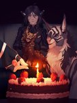 ambiguous_gender breasts cake clothed clothing dessert female feral fire food group open_mouth smile teeth tongue lynjox humanoid kubrow 2020 3:4 digital_media_(artwork) hi_res