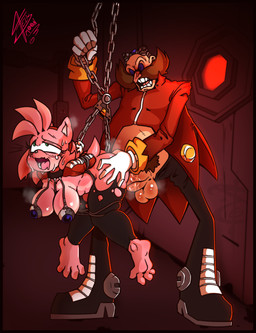 accessory ahegao anthro balls barefoot big_breasts bodily_fluids bottomwear breasts chain clothing duo eyewear facial_hair feet female genitals glasses gloves goggles green_eyes hair_accessory hairband handwear jacket looking_pleasured male male/female musk mustache pants penis pink_body pubes restraints sweat tail topwear torn_clothing felismoon sega sonic_the_hedgehog_(series) amy_rose dr._eggman eulipotyphlan hedgehog human mammal absurd_res hi_res