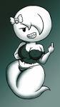 breasts cleavage clothed clothing female gesture hair half-shirt hand_gesture middle_finger navel not_furry panties sharp_teeth simple_background smile solo teeth thick_thighs underwear wide_hips sir-hanahin cartoon_network the_amazing_world_of_gumball carrie_krueger ghost humanoid spirit undead absurd_res hi_res