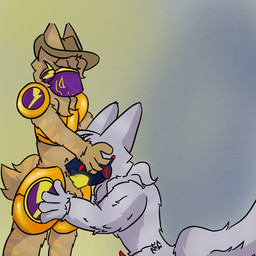 anthro armor balls brown_body brown_fur clothing duo fellatio fur genitals glowing glowing_genitalia glowing_penis grey_body hair hat headgear headwear long_hair machine male male/male nub_tail oral orange_armor penile penis red_penis sex slouch_hat tapering_penis yellow_penis just172ordinary a.r._probert jack_(just172ordinary) protogen 1:1 hi_res