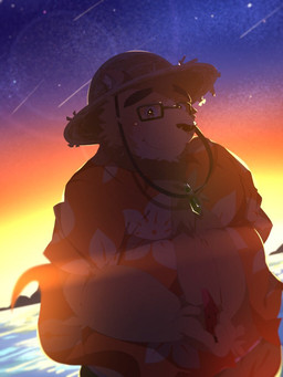 anthro belly big_belly bottomwear clothed clothing eyewear food fruit glasses hat headgear headwear male melon night open_clothing open_shirt open_topwear outside overweight overweight_anthro overweight_male plant shirt shorts solo straw_hat topwear watermelon 0119_muu lifewonders tokyo_afterschool_summoners volos_(tas) bear mammal 2019 3:4