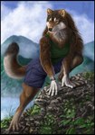 4_toes 5_fingers anthro athletic athletic_anthro athletic_female barefoot black_border black_claws black_nose blue_eyes blurred_background border bottomwear brown_body brown_fur claws climbing clock clothing cloud crouching day detailed_background detailed_fur digitigrade dipstick_tail feet female finger_claws fingers fluffy fluffy_tail fur grass greenery hands_on_ground leaning leaning_forward mane markings mountain multicolored_body multicolored_fur nature neck_tuft outside paws plant rock shirt shorts sky solo tail tail_markings tan_body tan_fur tank_top text toe_claws toes topwear tuft watch whiskers white_body white_fur wristwatch jakkal mythology canid canine canis mammal mythological_canine mythological_creature werecanid werecanine werecreature werewolf wolf 2004 artist_name detailed english_text hi_res painting_(artwork) url