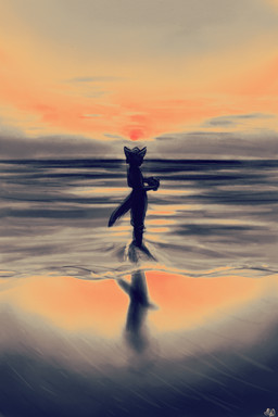 ambiguous_gender anthro beach camera cloud fox_tail looking_away reflection sand sea side_view silhouette solo standing sun sunset water glopossum casper_(glopossum) canid canine fox mammal red_fox silver_fox true_fox 2025 digital_media_(artwork) hi_res trans_(lore) trans_man_(lore)