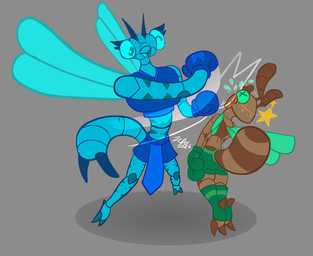 4_arms anthro bodily_fluids boxing boxing_gloves clothing duo female fight handwear insect_wings knockout male male/female multi_arm multi_limb punch saliva sport sweat wings zuzu_bug anthony_(zuzu) ant arthropod damselfly hymenopteran insect hi_res