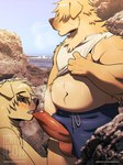 3:4 anthro balls beach belly blonde_hair blush blush_lines bodily_fluids brother_(lore) brothers_(lore) canid canine canis catsudon clothed clothing clothing_lift domestic_dog duo erection foreskin foreskin_bite foreskin_play fur genitals hair hair_over_eyes humanoid_genitalia humanoid_penis incest_(lore) male male/male mammal penis rock sea seaside sibling_(lore) sweat swimwear text url water yellow_body yellow_fur