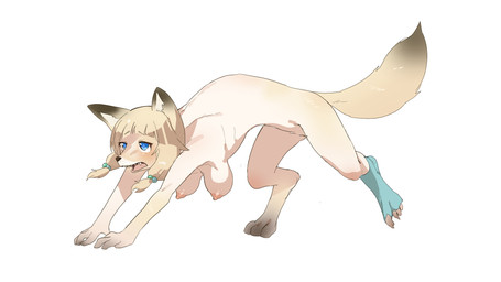 all_fours blonde_hair blue_eyes breasts brown_body brown_fur female fur hair looking_up mid_transformation nipples nude open_mouth simple_background solo species_transformation tail transformation fuka_(kantoku) canid canine fox human mammal 16:9 2026 digital_media_(artwork) hi_res widescreen