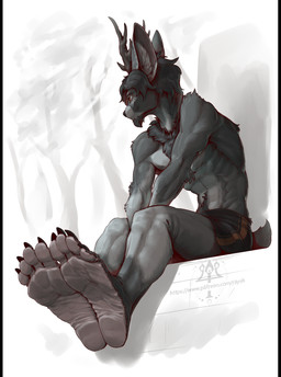 abs athletic athletic_male black_body black_fur black_hair boxers_(clothing) boxers_only clothed clothing eye_scar facial_scar feet foot_fetish foot_focus full_foot_pawpads full_pad fur grey_body grey_fur hair humanoid_feet lightened_soles male neck_tuft orange_eyes paws pecs pink_soles plantigrade scar serratus topless tuft underwear underwear_only wrinkled_feet wrinkles kredri ra'deer ra'deer_(razim) deer mammal 2025 hi_res