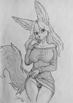 anthro big_tail canid canine clothing ear_piercing ear_stud feeny feeny_(omgawd) female fennec_fox fluffy fox g-string graphite_(artwork) hi_res long_ears looking_at_viewer mammal monochrome omgawd panties panty_peek pencil_(artwork) piercing portrait solo stud_piercing sweater sweater_dress tail thong three-quarter_portrait topwear traditional_media_(artwork) true_fox underwear