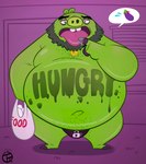 anthro beard belly body_writing clothed clothing eggplant facial_hair food fruit green_body green_skin lock_bulge lock_symbol male navel overweight overweight_anthro overweight_male plant solo text tongue writing_on_belly trashtoonz angry_birds rovio_entertainment sega the_angry_birds_movie king_leonard_mudbeard pig_(angry_birds) domestic_pig mammal suid suine sus_(pig) english_text hi_res