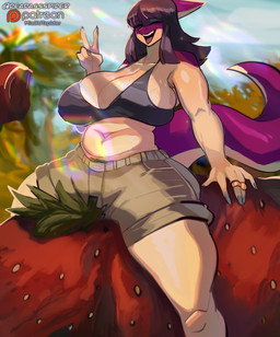 5_fingers abstract_background anthro belly big_breasts big_tail blue_eyeshadow blue_sky bone_frill bottomwear breasts claws cleavage clothed clothing crop_top curvy_figure day eyelashes eyeshadow female finger_claws fingers food frill_(anatomy) fruit gesture glistening glistening_arms glistening_belly glistening_body glistening_breasts glistening_legs glistening_scales glistening_thighs grey_clothing grey_crop_top grey_shirt grey_topwear hair hand_gesture huge_hips huge_thighs khaki_shorts light_body light_scales long_hair long_tail makeup mature_anthro mature_female midriff multicolored_body multicolored_scales navel open_mouth open_smile outside patreon_logo plant proboscis_(anatomy) pubes purple_body purple_hair purple_scales ring_(jewelry) scales shirt shorts sky slightly_chubby smile solo tail text thick_thighs topwear trunk_(anatomy) two_tone_body two_tone_scales v_sign vein veiny_breasts voluptuous voluptuous_anthro voluptuous_female wide_hipped_anthro wide_hipped_female wide_hips deadassspider cavemanon_studios patreon snoot_game alexandria_(snoot_game) dinosaur elemental_creature elephant elephantid flora_fauna food_creature hadrosaurid living_fruit mammal ornithischian ornithopod parasaurolophus prehistoric_species proboscidean reptile scalie strawberry_elephant 2026 absurd_res artist_name digital_drawing_(artwork) digital_media_(artwork) hi_res url watermark