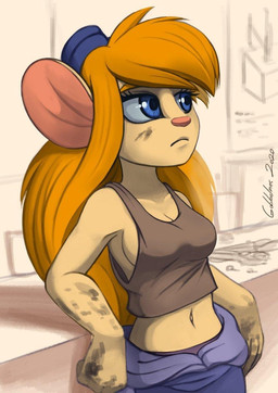 anthro breasts brown_clothing cleavage clothed clothing crop_top eyewear eyewear_on_head female fur goggles goggles_on_head hair looking_offscreen mechanic midriff navel oil_stain orange_hair overalls_down pensive pink_inner_ear pink_nose resting shirt side_boob sketch_background solo tan_body tan_fur topwear workbench working workshop gabbslines chip_'n_dale_rescue_rangers disney gadget_hackwrench mammal mouse murid murine rodent 2020 hi_res sketch