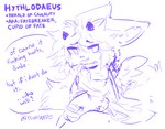 ambiguous_gender anthro clothed clothing gem hair horn long_ears long_tail looking_at_viewer male messy_hair profanity sitting solo tail text wings conditional_dnp ikitsunyan firelight's_respite_(ikitsunyan) hythlodaeus_(ikitsunyan) canid canine felid fennec_fox fox mammal pantherine snow_leopard true_fox blue_and_white english_text hi_res monochrome signature sketch