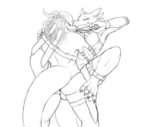 anthro bulge butt claws clothed clothing dagger digitigrade duo fight hair horn kerchief knife legwear male male/male melee_weapon muscular pupils shirt simple_background skimpy slit_pupils smile spread_legs spreading suggestive tail tapering_tail teeth toe_claws topwear weapon white_background kalnareff mythology drayk_dagger kalnareff_(character) dragon mythological_creature mythological_scalie scalie shurian 2012 monochrome