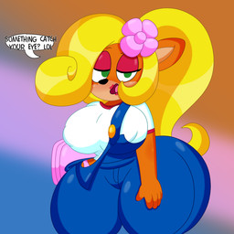 accessory anthro bedroom_eyes big_breasts big_butt blonde_hair breasts butt clothing computer curvy_figure dialogue electronics eyelashes eyeshadow female fingers flower flower_in_hair fur green_eyes hair hair_accessory hourglass_figure huge_breasts huge_butt laptop lips looking_at_viewer makeup multicolored_body multicolored_fur narrowed_eyes nipple_outline orange_body orange_fur overalls panties panty_shot plant ponytail seductive simple_background smile solo standing talking_to_viewer tan_body tan_fur text thick_thighs tongue underwear voluptuous wide_hips 3barts activision crash_bandicoot_(series) coco_bandicoot bandicoot mammal marsupial 1:1 2020 absurd_res digital_media_(artwork) english_text hi_res