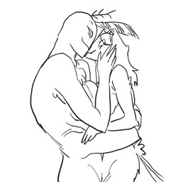 anthro anthro_on_anthro beak breasts claws crossgender duo fangs feathers female fur hair hug interspecies kissing love male male/female mature_female mature_male multi_arm multi_eye multi_limb nude simple_background smile teeth text o3t hazbin_hotel hellaverse helluva_boss stolas_(helluva_boss) valentino_(hazbin_hotel) arthropod avian bird demon insect lepidopteran moth owl owl_demon monochrome