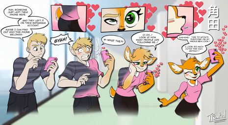4_fingers 5_fingers anthro black_bottomwear black_clothing black_pants black_skirt blonde_hair blush bottomwear clothed clothed_anthro clothed_female clothed_human clothed_male clothing conjoined_speech_bubble countershade_face countershade_tail countershading eyebrows eyelashes female female_anthro fingers fully_clothed fully_clothed_anthro fully_clothed_female fully_clothed_human fully_clothed_male fur gender_transformation green_eyes hair heart_symbol human_to_anthro inner_ear_fluff inside iris male mental_transformation mtf_transformation one_eye_closed pants pink_clothing pink_phone pink_shirt pink_topwear pupils scut_tail shirt short_tail skirt snout solo species_transformation speech_bubble tail tf_into_fictional_character topwear transformation tuft yellow_body yellow_fur tf-sential aggretsuko sanrio fan_character tsunoda_(aggretsuko) antelope bovid deer gazelle human mammal thomson's_gazelle true_antelope hi_res